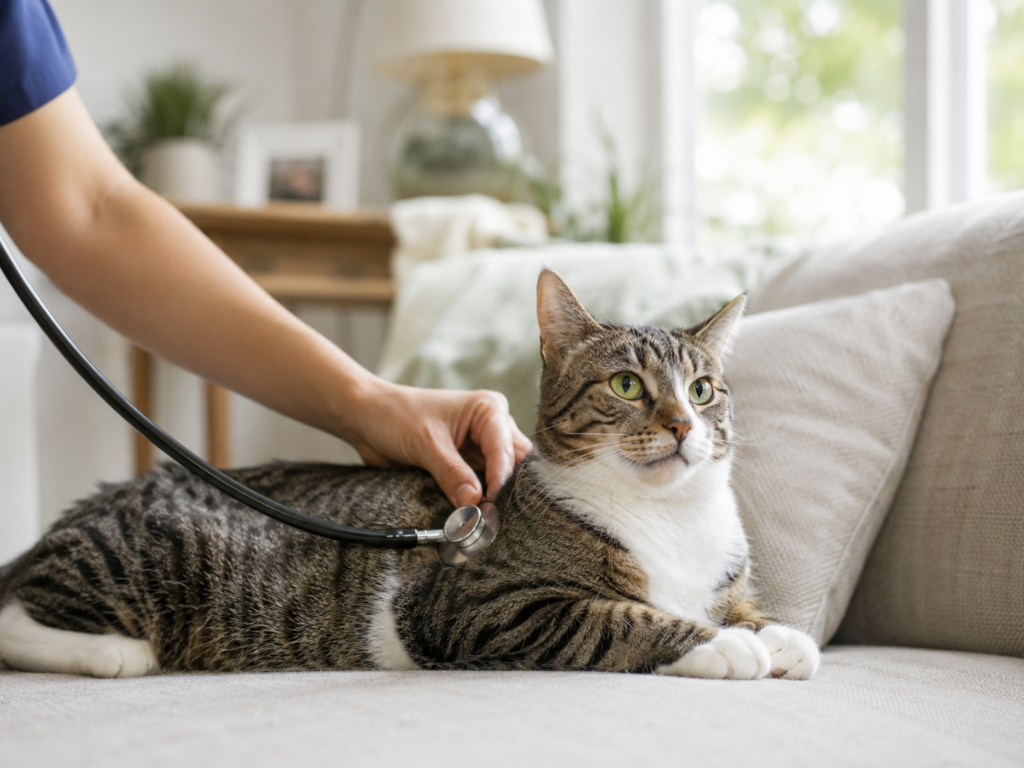 Gray tabby cat resting in a woven basket while being gently petted by its owner at home
