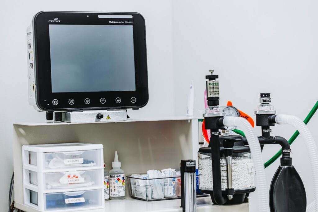 Veterinary patient monitor and anesthesia equipment in a Scottsdale Animal Hospital treatment room