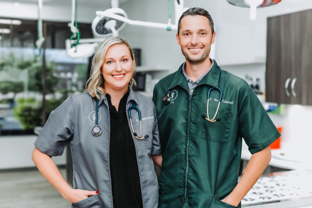 Dr. Kristin andDr. Mark standing together in the treatment area at Scottsdale Animal Hospital
